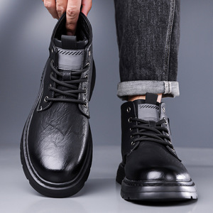 Bottes à cheville en cuir véritable pour hommes, bout rond, doublure en peluche, semelle extérieure en caoutchouc, bottes de neige chaudes pour l'automne et l'hiver - Product Image 4