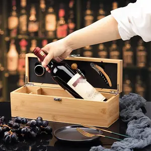 Boîte à vin avec ensemble de 4 accessoires, étui à vin en bambou avec ensemble d'outils Boîte de rangement pour le vin Cadeau