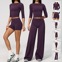 Ensemble de tenue de sport à marque privée : Haut ajusté à manches courtes, pantalon capri doux à jambes larges, short à séchage rapide pour la gym, le yoga et le pilates