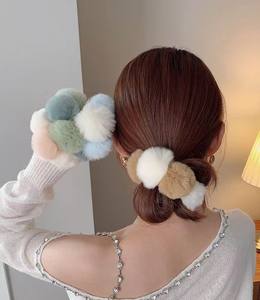Mignon <span class=keywords><strong>vrai</strong></span> lapin en peluche boule cheveux chouchous couleur mélangée élastique élastique bandeaux pour les filles - Product Image 3