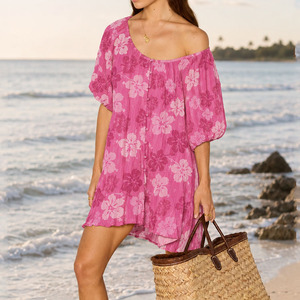 Vestido Casual de Lujo con Estampado Hawaiano, Hombros Caídos y Botones al Frente, 100% Lino y Algodón de Alta Calidad, Estilo Playero, Personalizable (OEM) - Product Image 1