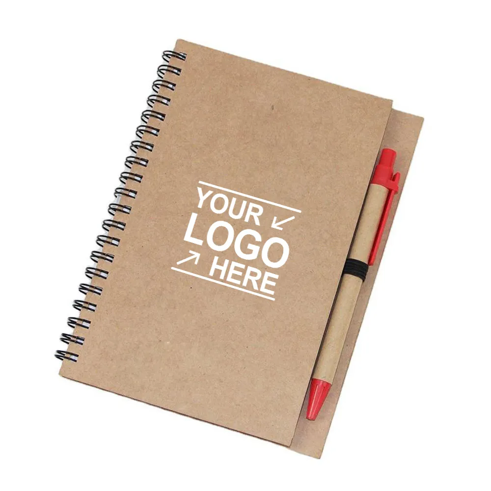 Cuaderno de espiral de metal con bolígrafo de papel, cuaderno con banda elástica reciclable para regalo de promoción