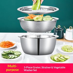 Ensemble de cuisine multifonctionnel 3-en-1 en acier inoxydable - Passoire, râpe, trancheuse pour le lavage du riz, la préparation de salades et la découpe des légumes - Product Image 3