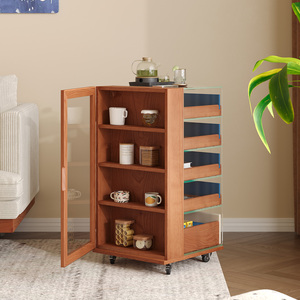 Solid Wood And Glass <b>Side</b> <b>Table</b> 5 Tier Movable <b>Storage</b> Cabinet For Living Room Coffee <b>Table</b> - Product Image 3
