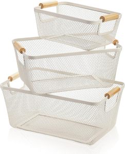 Set di 3 Cestini in Rete Metallica Bianca con Manico in <span class=keywords><strong>Legno</strong></span> per Frutta e Giocattoli, Ideali per Armadi, Dispense, Camere da Letto e Cucine - Product Image 1