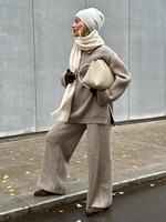 Ensemble 2 pièces tricoté pour femme RO9-15, col semi-zippé, grand revers, en coton doux, manches longues, pantalon ample, tenue décontractée et élégante pour le bureau