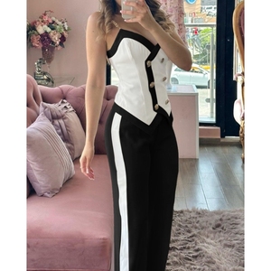 Conjunto de 2 piezas de moda para mujer: Top halter sin mangas con estampado casual y pantalones de doble botonadura - Product Image 1