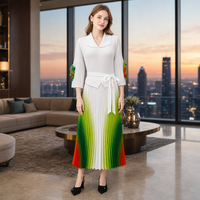 Robe longue plissée Miyake à col revers et manches florales 3D dégradées arc-en-ciel pour femme, vente en gros directe d'usine