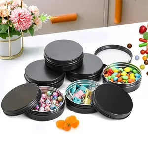 Embalagem de lata de metal para doces, embalagens de pequena embalagem redonda de alumínio preto personalizada para doces
