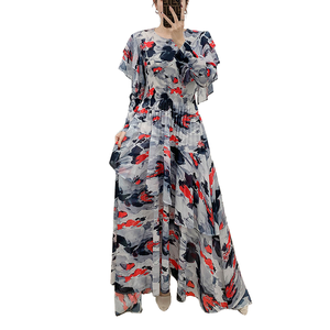 女式休闲马克西连衣裙，带层叠皱褶褶褶袖印花春夏在线批发供应商 - Product Image 1