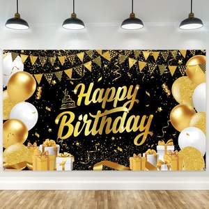 Bannière Joyeux Anniversaire 70,8 <span class=keywords><strong>x</strong></span> <span class=keywords><strong>45</strong></span>,3 pouces, décorations de fond, bannière pailletée noire et dorée, fournitures de fête, fond <span class=keywords><strong>photo</strong></span>, femmes, hommes - Product Image 1