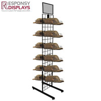 Présentoir à bascule sur pied en métal et en bois Étagère à crochets à trois niveaux Support à chaussures multi-côtés pour magasin de détail