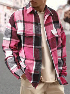 크로스보더 칼라 체크 남성 셔츠, 레트로 브러쉬드 캐주얼 긴팔 코트 - Product Image 4