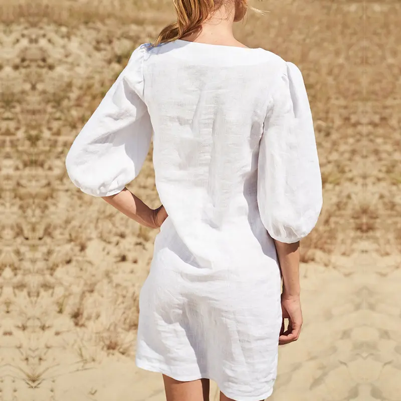 Personnalisé 2024 dames casual col carré demi-court couleur unie Simple blanc lin coton manches bouffantes été Mini robe femmes en vrac