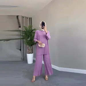 Casual Solid Color Muslim Tunic With Pant Set Women Blouse Islamic Clothing Loose Fitting pleated Tops For Women Muslim Clothing