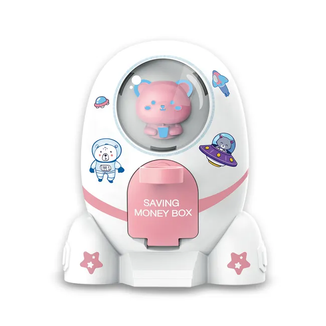 Cartoon rocket bear modeling piggy bank toy key unlock kids saving money box HC589702