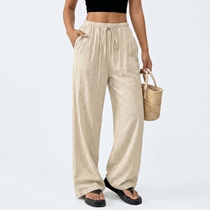 Summer <strong>Women's</strong> High Waist Polyester Pants Plus Size Casual Loose Wide Leg With Drawstring Pocket Long <strong>Trouser</strong> Pants <strong>for</strong> <strong>Women</strong> - Product Image 1