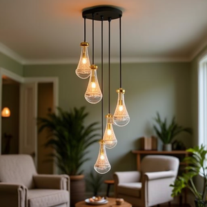 Lámpara colgante de hierro dorado de 5 luces, bombilla E12, pantalla de campana de vidrio, altura ajustable para sala de estar, vestíbulo, escalera - Product Image 2