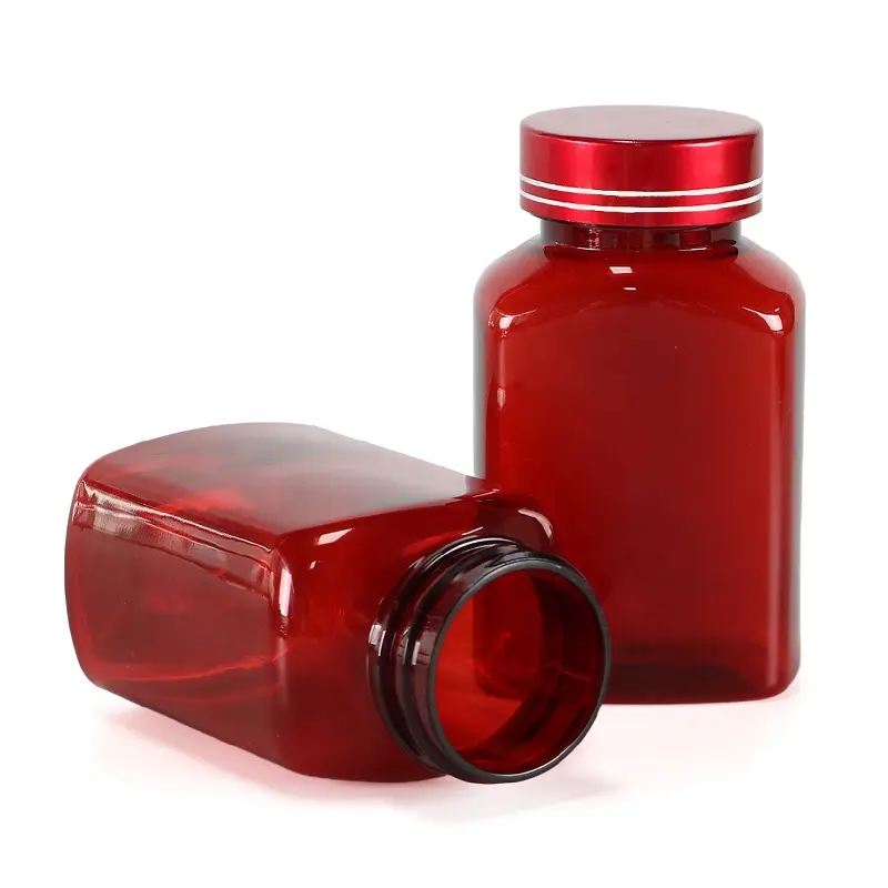 150 ml leere RED-Flasche aus Kunststoff mit quadratischer Seite mit Etikett für apotheke pharmazeutische Verwendung mit individuellen Deckeln