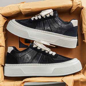 Men's Autumn 2026 New Genuine Leather Running Shoes Thick Sole Rubber <b>Insole</b> Invisible Height-Increasing Lace-Up Print Shoes - Product Image 2