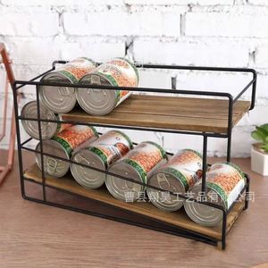 Wooden <b>Desktop</b> <b>Shelf</b> Iron And Wood Combination Double Layer Storage Rack For Kitchen Can Organizer - Product Image 1
