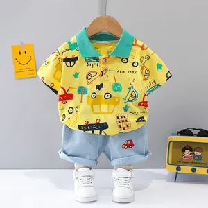 2022 Hottest New Collection Kids Boys High Quality Short Sleeve Polo Shirts and Jeans 2 Sets Kids Boys Clothing