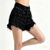 Lässige Feder-Denim-Shorts Schwarz Hochgeschnitten mit Strass-Besatz Fransen Ausgefranster Saum Glitzernde Clubwear Ausgehkleidung Damen-Jeansshorts