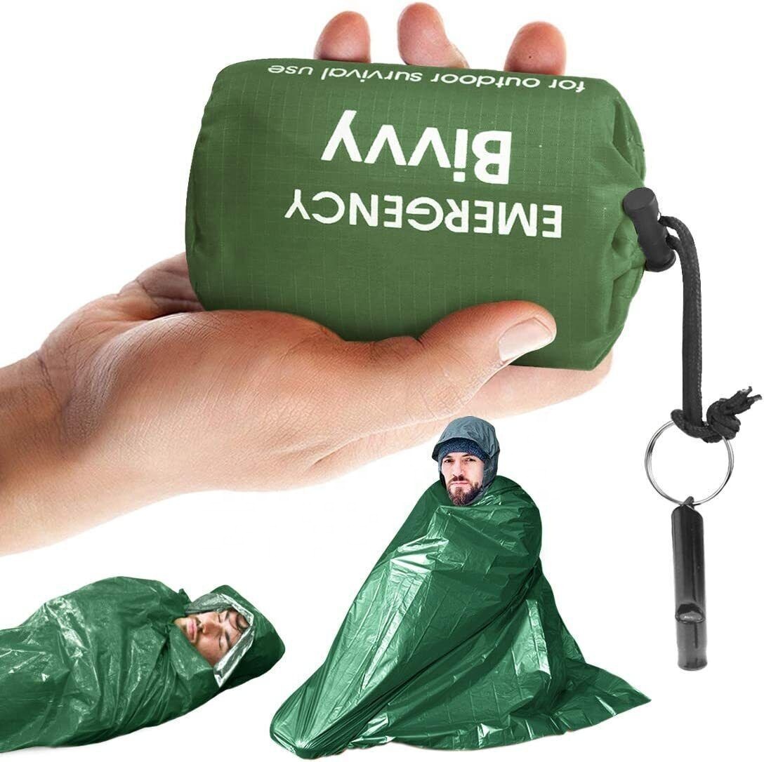 Saco de dormir de emergencia ligero impermeable de color verde PE para acampar senderismo actividades de aventura al aire libre