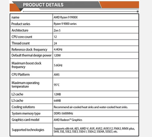 AMD R9 9900X R'yzen 9000 Granite Ridge 4nm 12 Core 24 Thread 4,4 GHz AM5 CPU ZEN 5 en Desktop Ry-zen 5 9900X - Product Image 6