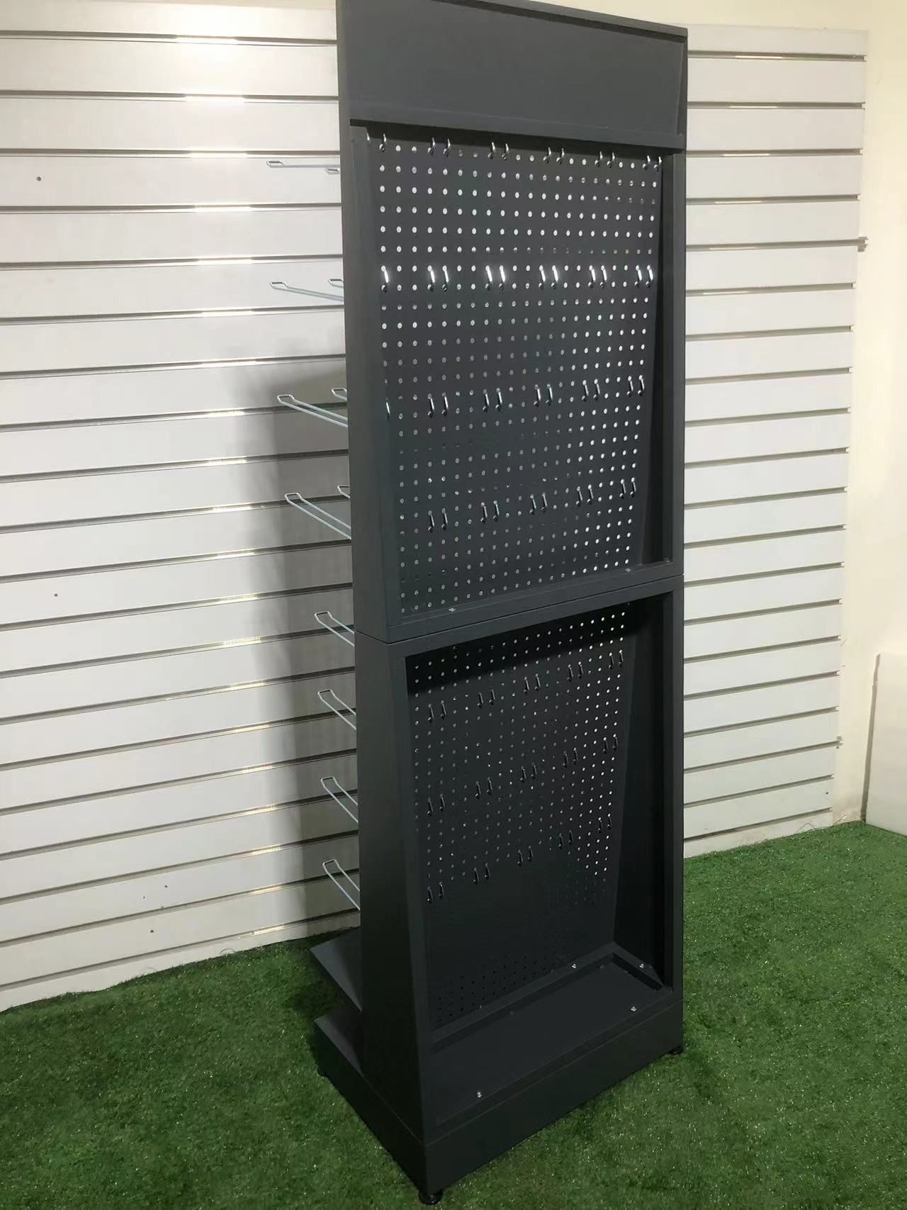 Hole Plate Design 2-tier Single-sided Metal Display Floor Stand with Hooks for Promotion in Shopping Malls Customized Color Logo — view 3
