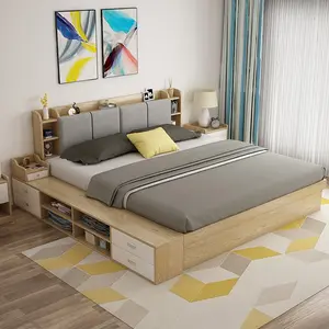 King Set Tempat Tidur Modern Dobel, Furniture Kamar Tidur Kayu Ganda Perabotan untuk Dijual