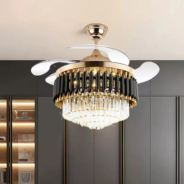 Luxury Indoor Golden Led Chandelier Light Remote Control Fancy Pendant Lamp Home Hotel Modern Crystal Ceiling Fan With Led Light