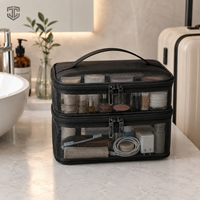 Sac de maquillage en maille double couche, 2 compartiments, organisateur de cosmétiques semi-transparent, trousse de toilette de voyage, impression personnalisée, OEM, vente en gros