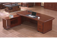 Bureau de direction vintage en forme de L en MDF avec armoire latérale de rangement, bois classique acajou pour directeur, président, PDG, patron