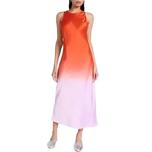 Personalizado gradiente impresso vestido alta qualidade seda tecidos vestir mulheres sexy bainha pescoço redondo Dividir conforto vestido casual