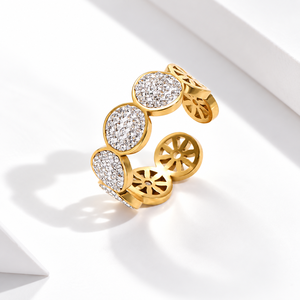 Gold Adjustable Zircon <b>Ring</b> <b>Stainless</b> <b>Steel</b> 14K Gold Vacuum Plated Round Disc Open Band Jewelry - Product Image 1