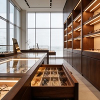 Walnussholz Hochwertige Luxuriöse Moderne Flip-Top Brillen-Vitrine LED Premium Optik-Aufbewahrungsschrank mit Hydraulikdeckel