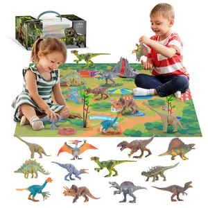 塑料聚氯乙烯模型玩具现实恐龙模型与假山石树和地图微型公园场景集儿童模型玩具