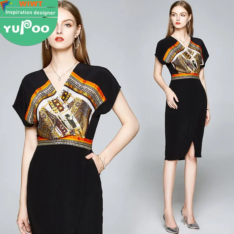 Em estoque novo design preto vintage estampado retalhos furcal sexy decote em V barato moda chinesa vestidos casuais femininos femininos