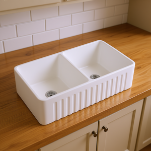 Évier de cuisine rectangulaire double cuve en céramique blanche, style ferme, finition brillante - Product Image 2