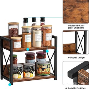 Kitchen Storage Rack 2 Tier Brown Wood Metal X Shape Design Countertop Organizer for Pantry Bathroom - Product Image 1