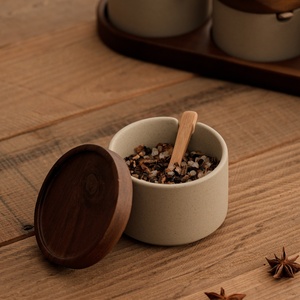 Pot à épices en céramique de style japonais avec couvercle en acacia, plateau et cuillère, ensemble de pots à assaisonnements de qualité alimentaire pour sel, sucre, poivre et épices - Product Image 4