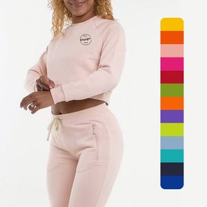 Mode rose Logo personnalisé broderie polaire pull coton polaire manches raglan pull col rond blanc culture sweat femmes - Product Image 1