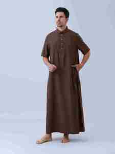 <b>Men's</b> Cotton <b>Thobe</b> Short Sleeve Ankle Length Stand Collar Modest Prayer Wear Solid Color Regular Fit All Seasons - Product Image 3