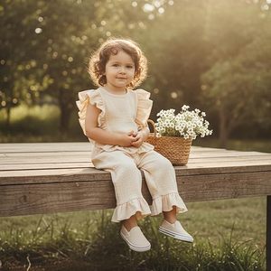 Completo Minimalista in Mussola per <span class=keywords><strong>Bambina</strong></span> 6 12 <span class=keywords><strong>18</strong></span> 24 <span class=keywords><strong>Mesi</strong></span> 2T 3T 4T, Top Estivo con Volant e Pantaloni in Lino - Product Image 2