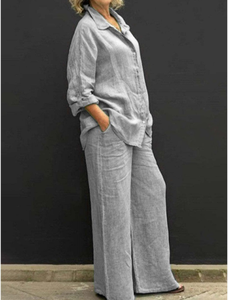 Completo <span class=keywords><strong>da</strong></span> <span class=keywords><strong>donna</strong></span> taglie forti casual con camicia ampia e pantaloni a vita alta, tinta unita con bottoni decorativi, lunghezza corta, vestibilità aderente, anti-pilling, per l'autunno - Product Image 5
