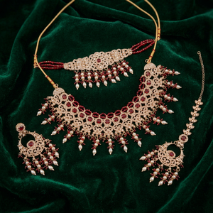 Vintage Gold Plated Imitation Pearl Ethnic Bridal Shadow Choker Necklace <b>Set</b> with Earrings & Maang Tikka Wedding Engagement - Product Image 3
