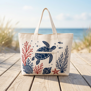 Bolsa de Compras de Algodón con Estampado de Tortuga Marina, Bolsa de Compras de Algodón con Diseño de Coral y Estrella de Mar - Product Image 5