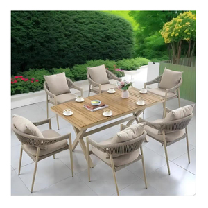 China Furniture Supplier Luxury Aluminum Rope Garden Restaurant 6 Seaters <b>Outdoor</b> Dining <b>Table</b> and Chair with Cushions - Product Image 3
