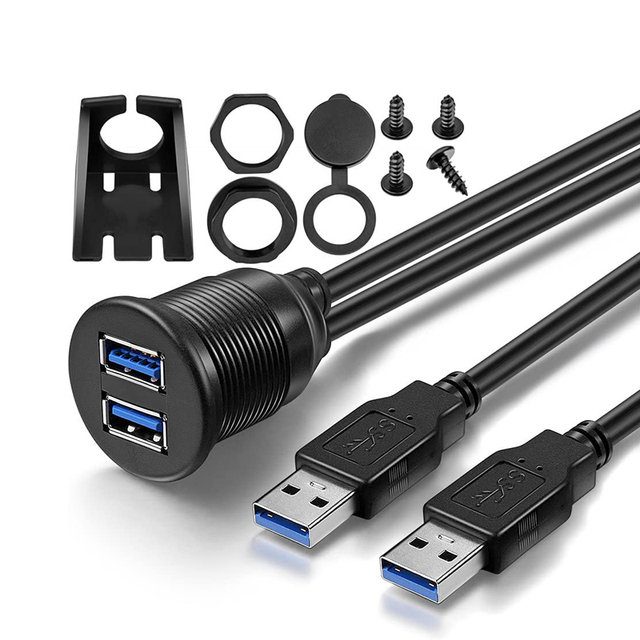 2 Ports Dual USB 3.0 Male to Female Flush Panel Mount Extension Mount Waterproof Cable for Car Ship Dashboard Panel
